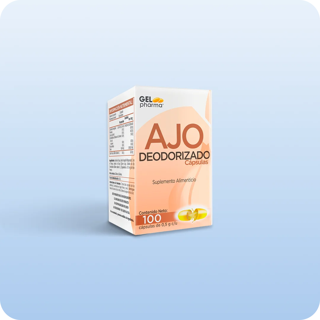 Ajo Deodorizado cápsulas Gelpharma suplemento alimenticio caja con 100 cápsulas