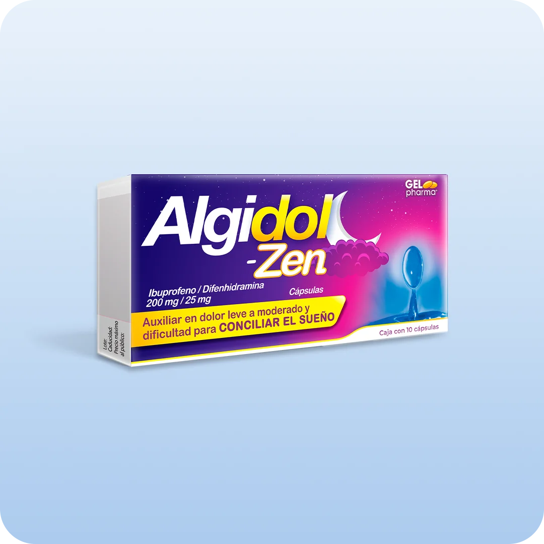 Algidol Zen cápsulas Gelpharma ibuprofeno difenhidramina caja con 10 cápsulas