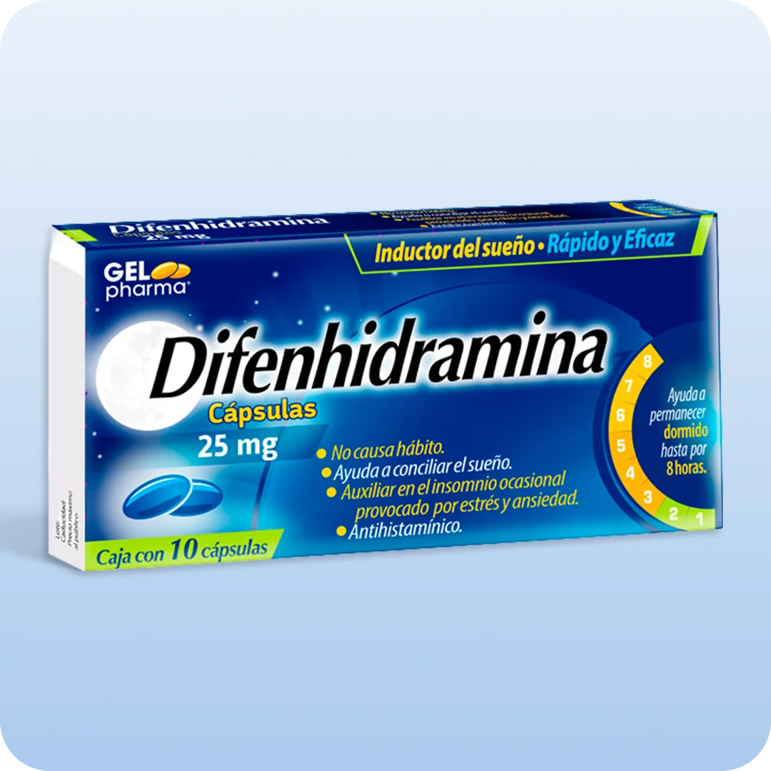 Difenhidramina cápsulas Gelpharma 25 mg caja con 10 cápsulas