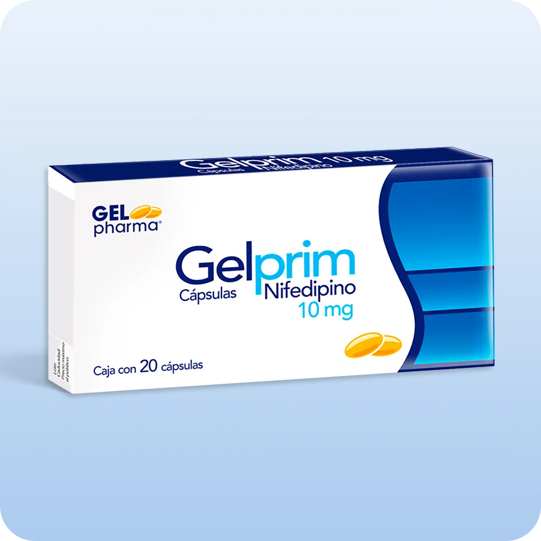 Gelprim cápsulas Gelpharma nifedipino 10 mg caja con 20 cápsulas