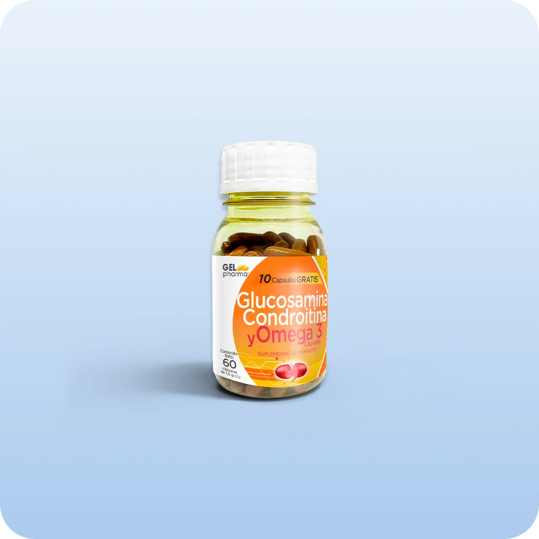 Glucosamina Condroitina y Omega 3 cápsulas Gelpharma suplemento alimenticio frasco con 60 cápsulas