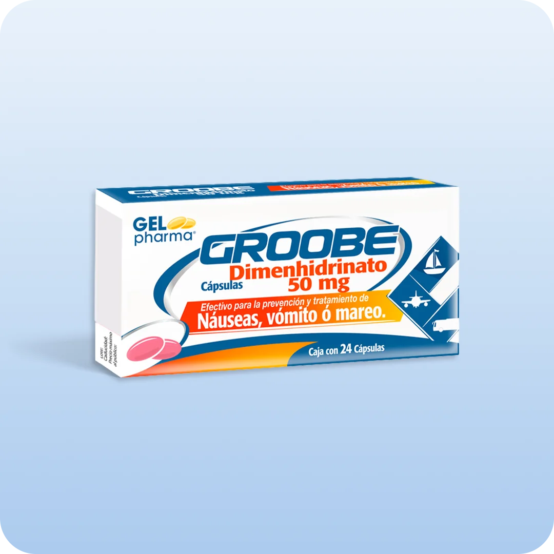 Groobe cápsulas Gelpharma dimenhidrinato 50 mg caja con 24 cápsulas