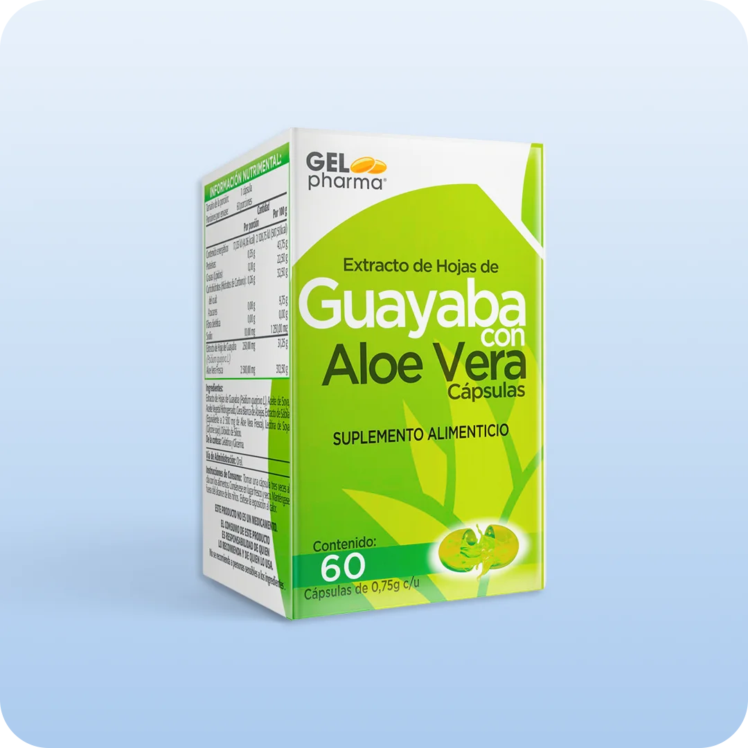 Extracto de hojas de guayaba con aloe vera cápsulas Gelpharma suplemento alimenticio caja con 60 cápsulas