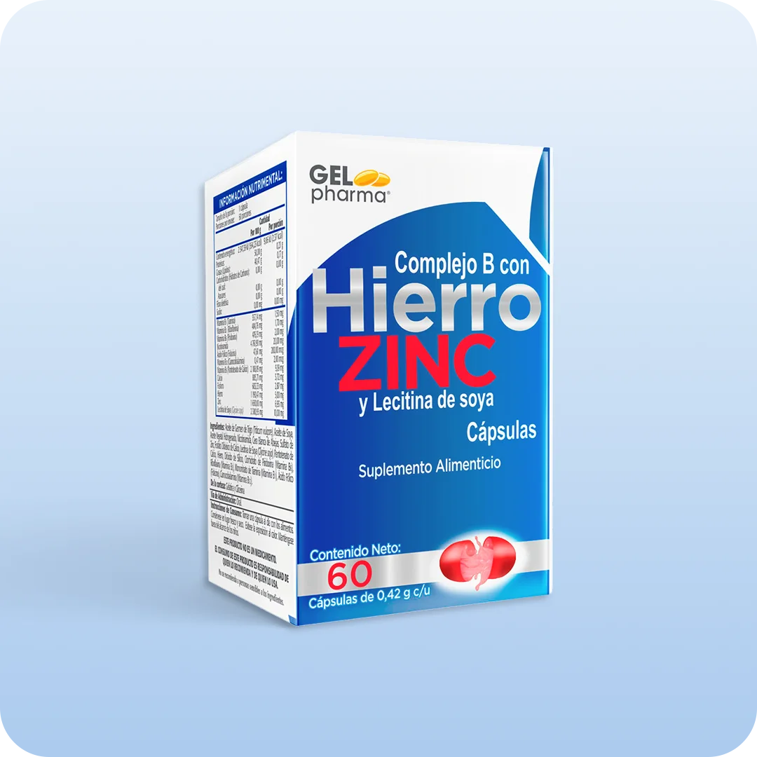 Complejo B con hierro, zinc y lecitina de soya cápsulas Gelpharma suplemento alimenticio caja con 60 cápsulas