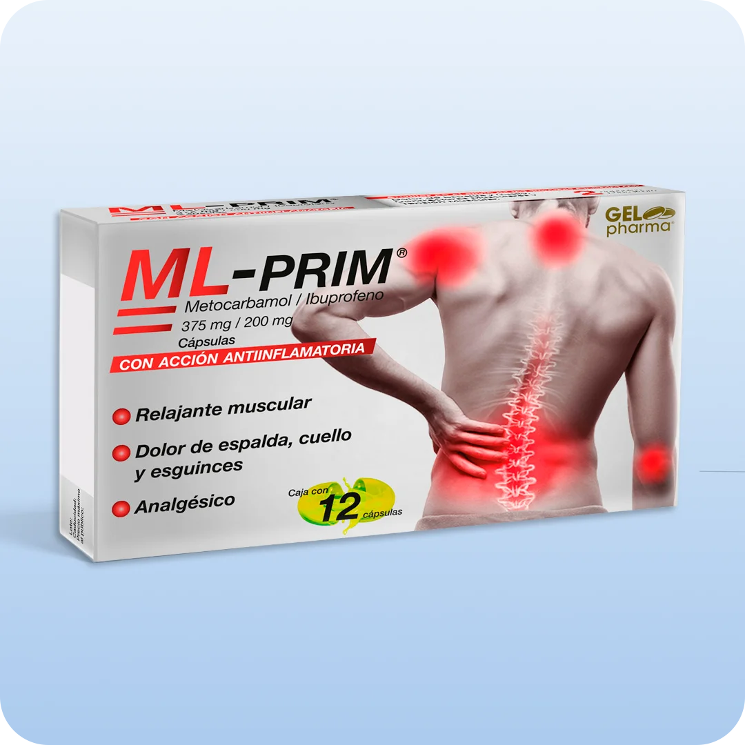 ML-PRIM cápsulas Gelpharma metocarbamol e ibuprofeno 375 mg y 200 mg caja con 12 cápsulas