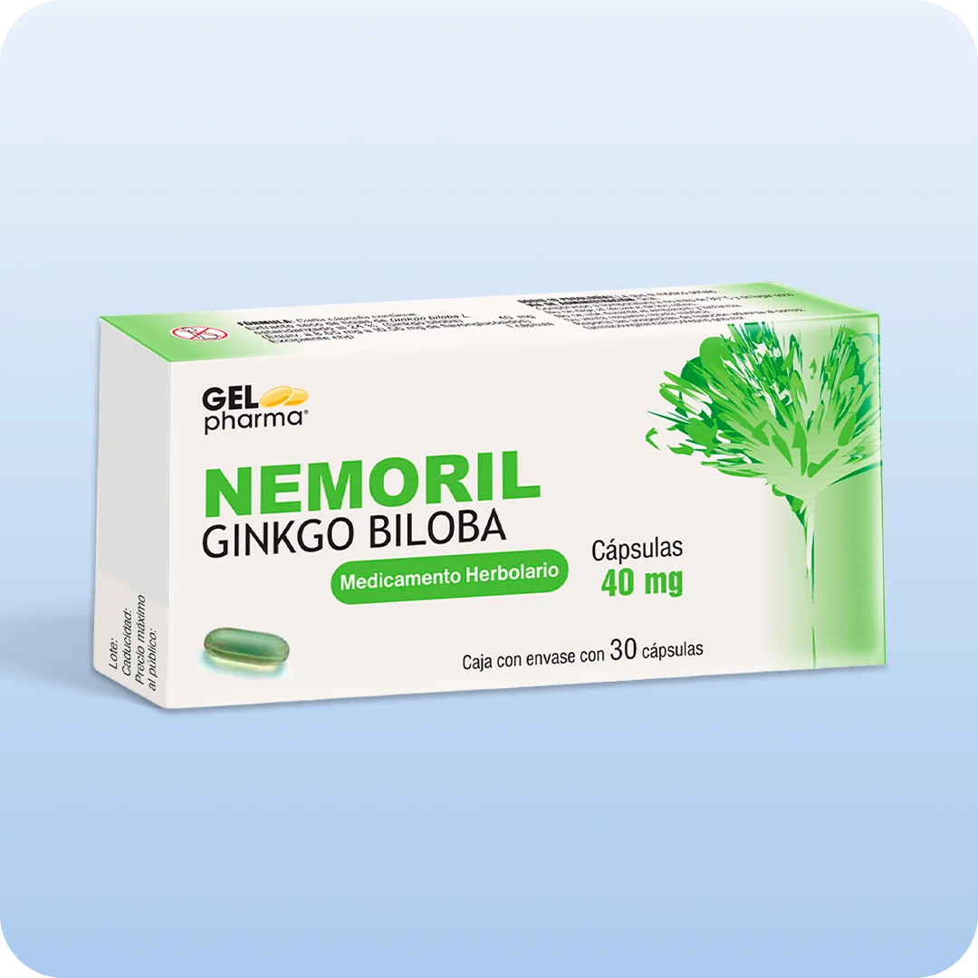 Nemoril Ginkgo biloba cápsulas Gelpharma 40 mg medicamento herbolario caja con 30 cápsulas