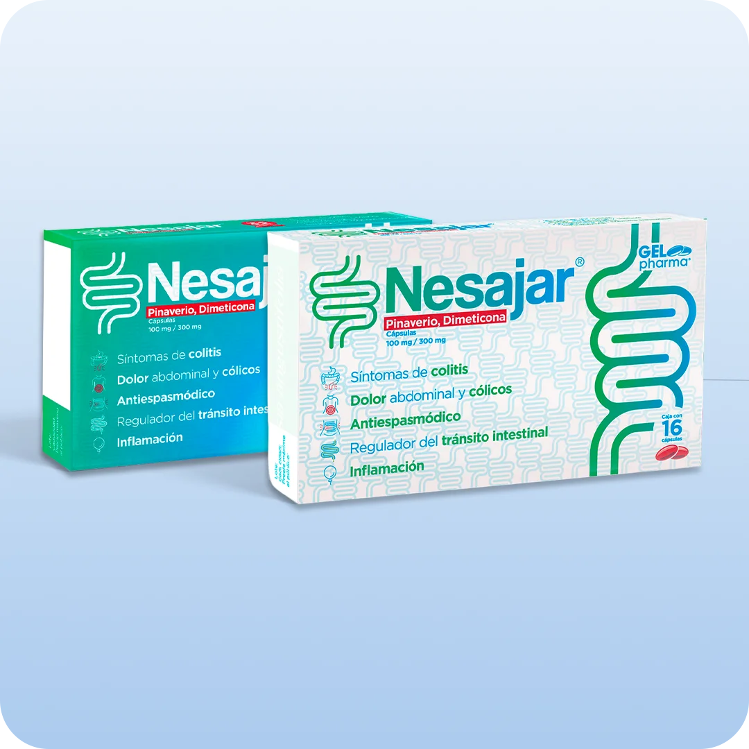 Nesajar cápsulas Gelpharma pinaverio y dimeticona 100 mg y 300 mg caja con 16 cápsulas