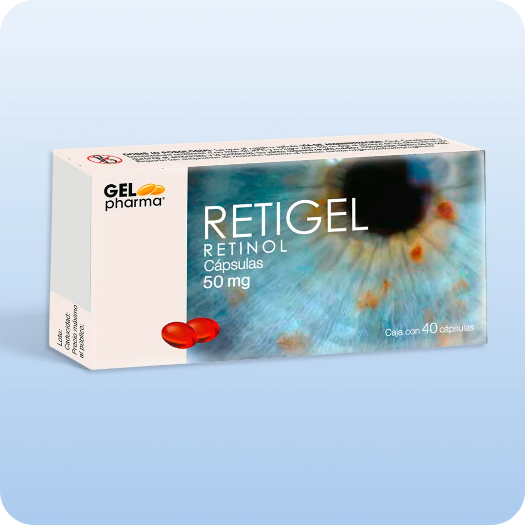 Retigel cápsulas Gelpharma retinol 50 mg caja con 40 cápsulas