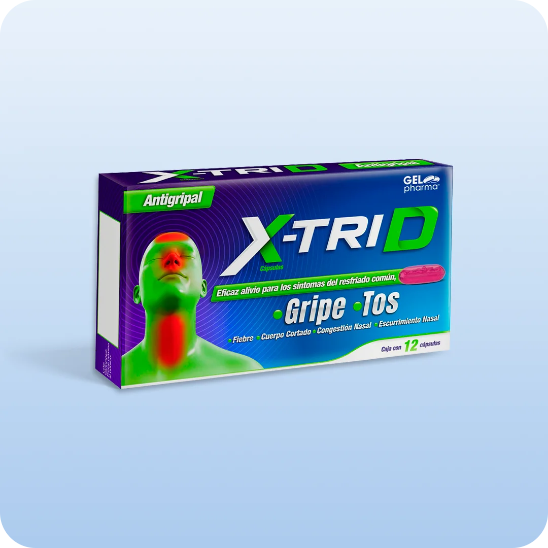 Caja de X-TRID Gelpharma para alivio de gripe y tos, sobre fondo azul claro degradado